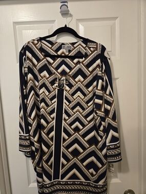 JM Collection Navy, White & Brown Geometric Tunic Blouse